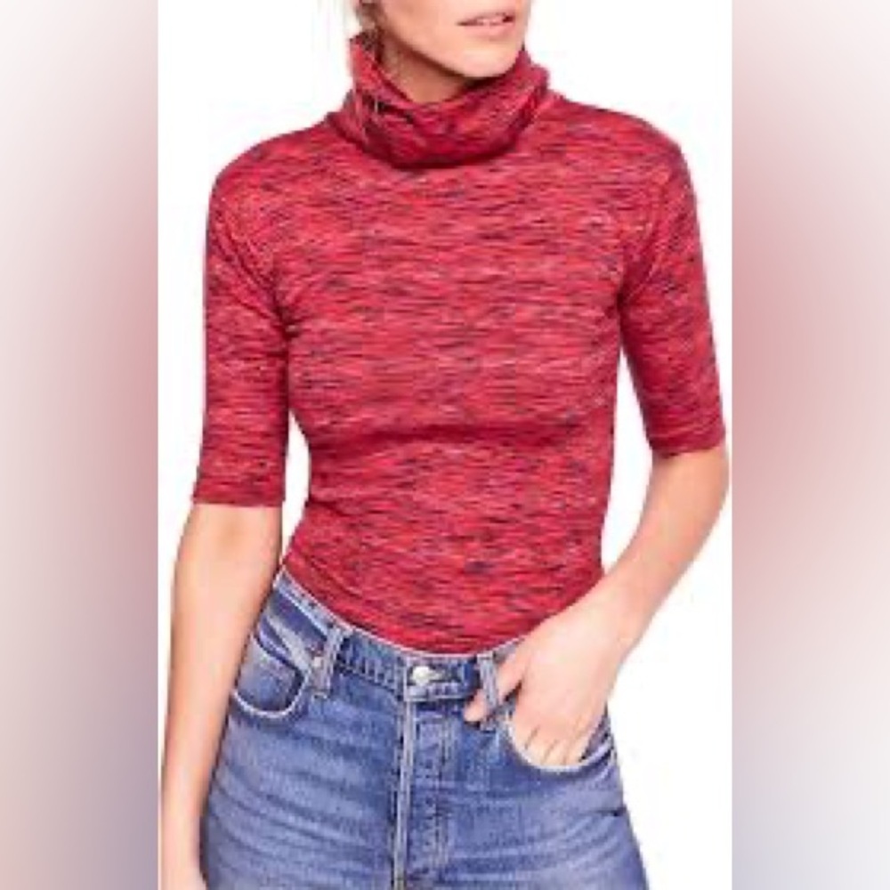 Free People Space Dye Mock Neck Top Raw Edge Short Sleeve XS S